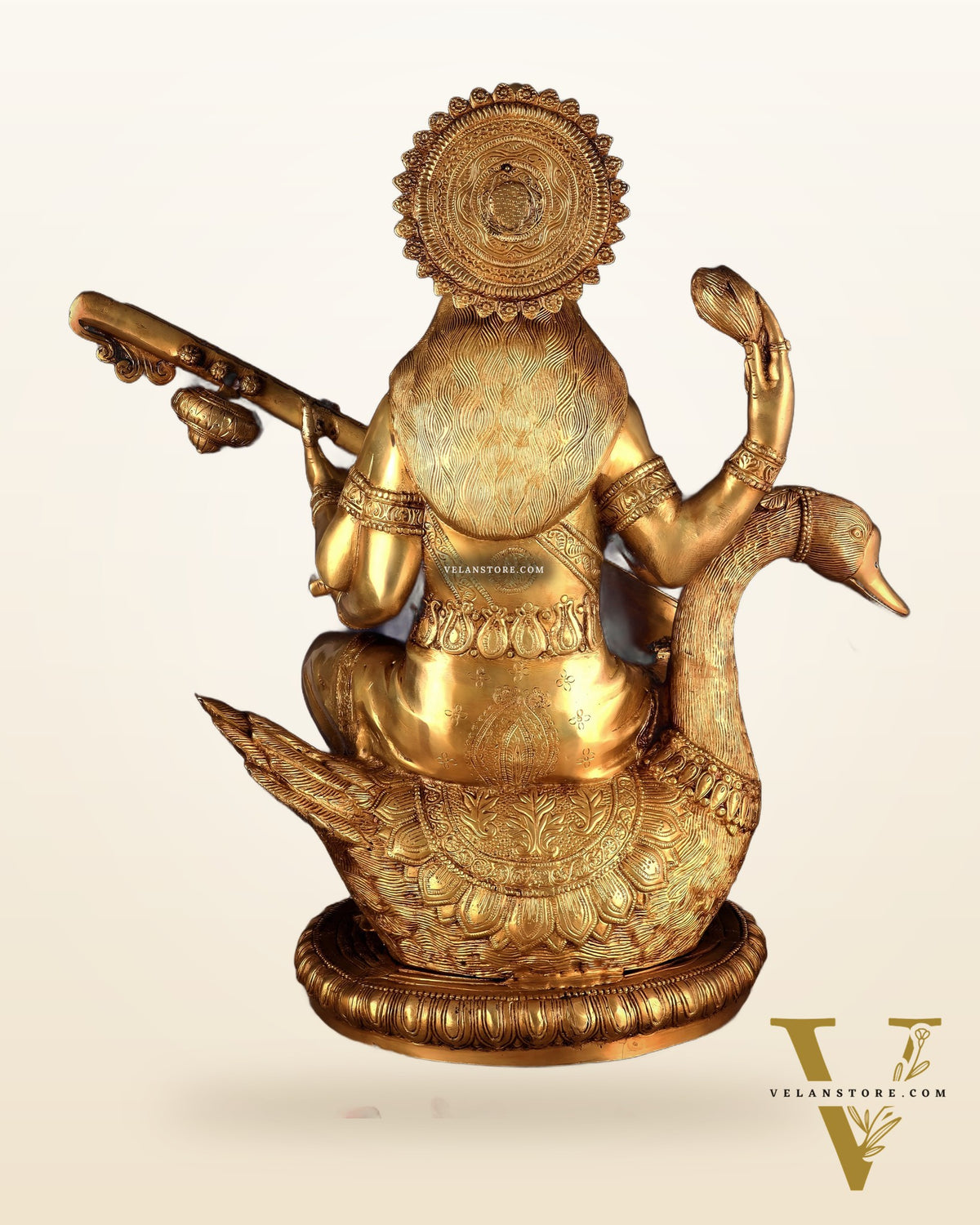 Pure Brass Large Goddess Saraswati Seated on Swan statue 24"