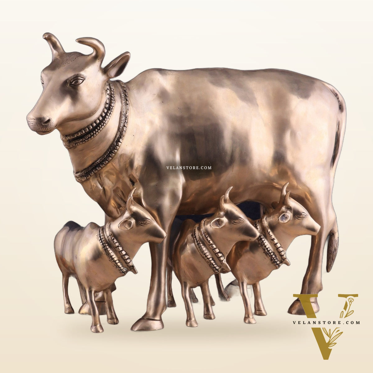 Pure Brass Large Gomatha (Cow) Statue Protecting Her Calves – Symbol of Nurturing Divinity