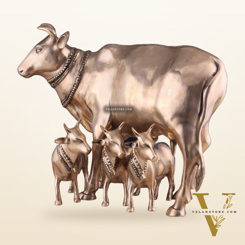 Pure Brass Large Gomatha (Cow) Statue Protecting Her Calves – Symbol of Nurturing Divinity