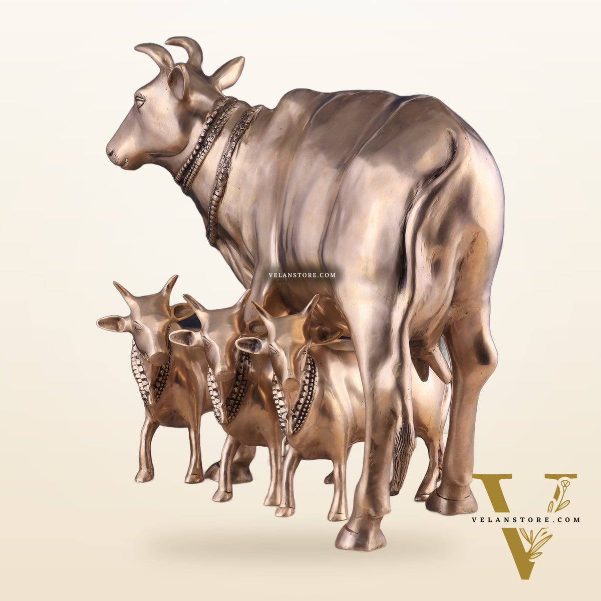 Pure Brass Large Gomatha (Cow) Statue Protecting Her Calves – Symbol of Nurturing Divinity