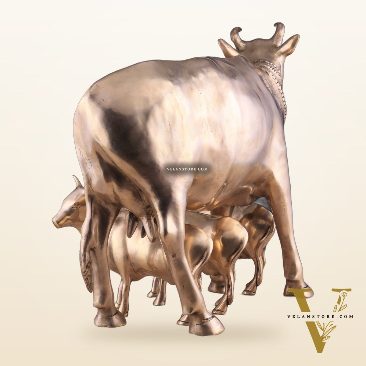 Pure Brass Large Gomatha (Cow) Statue Protecting Her Calves – Symbol of Nurturing Divinity