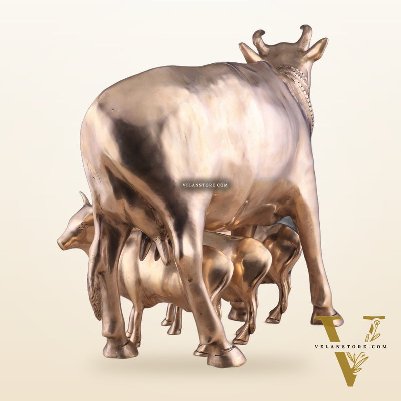 Pure Brass Large Gomatha (Cow) Statue Protecting Her Calves – Symbol of Nurturing Divinity