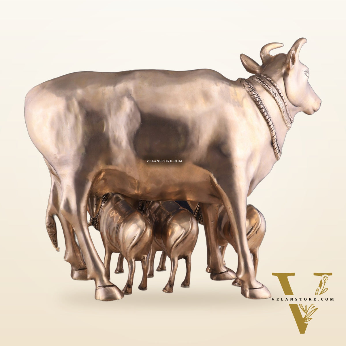 Pure Brass Large Gomatha (Cow) Statue Protecting Her Calves – Symbol of Nurturing Divinity