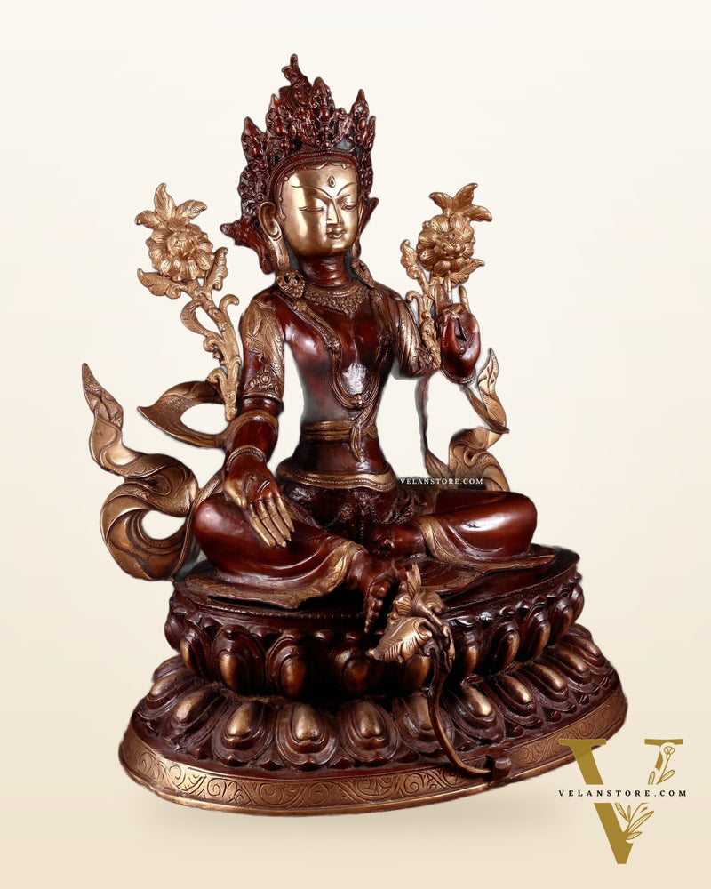 Pure Brass Large Green Tara Statue – Divine Protector & Compassionate Mother 24.5"