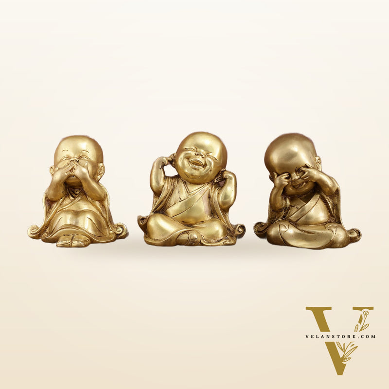 Pure Brass Large Happy Baby Monks Statues Set | 7.5-inch, 10 kg