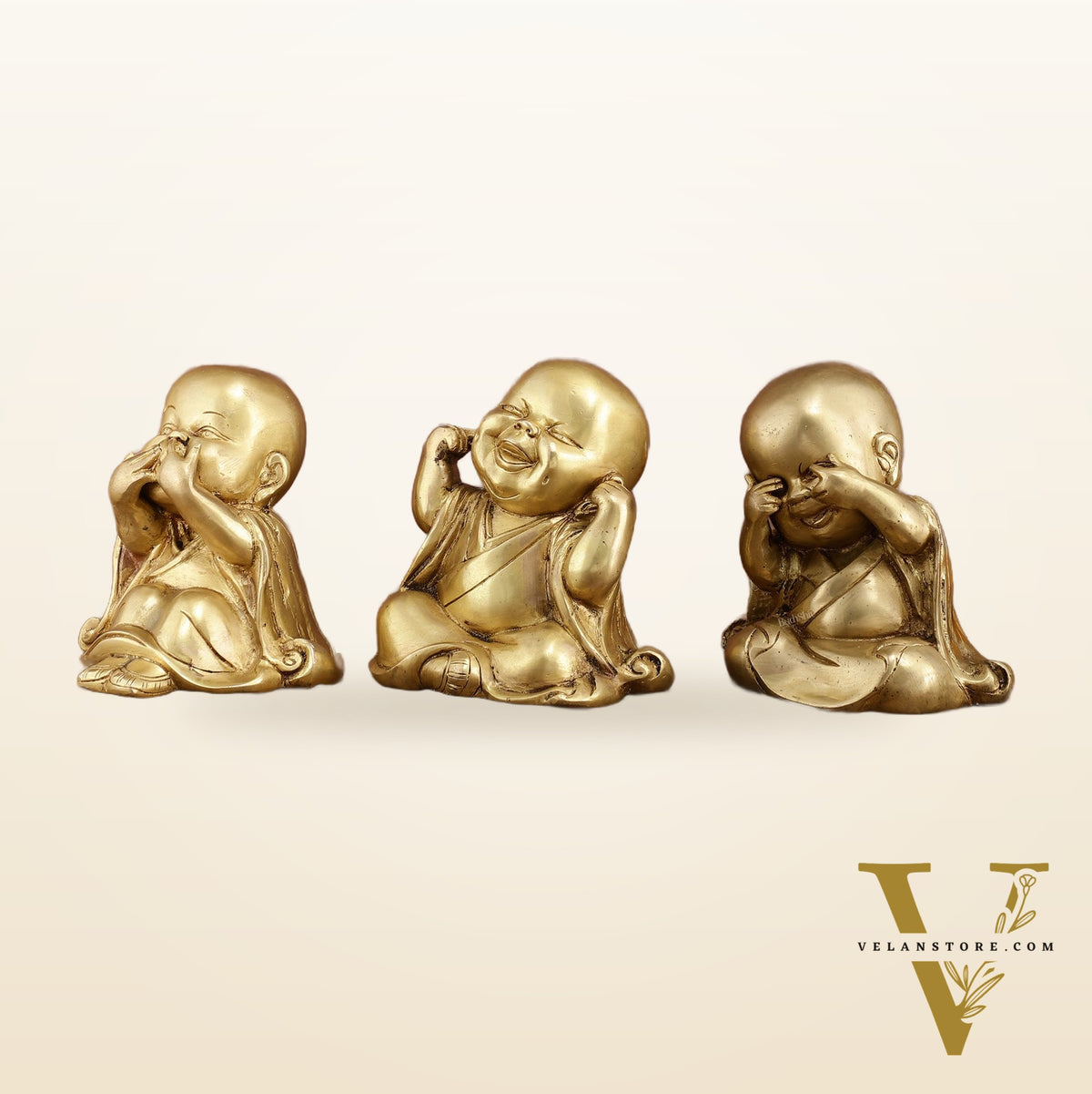 Pure Brass Large Happy Baby Monks Statues Set | 7.5-inch, 10 kg