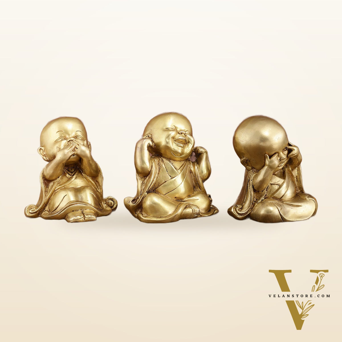 Pure Brass Large Happy Baby Monks Statues Set | 7.5-inch, 10 kg