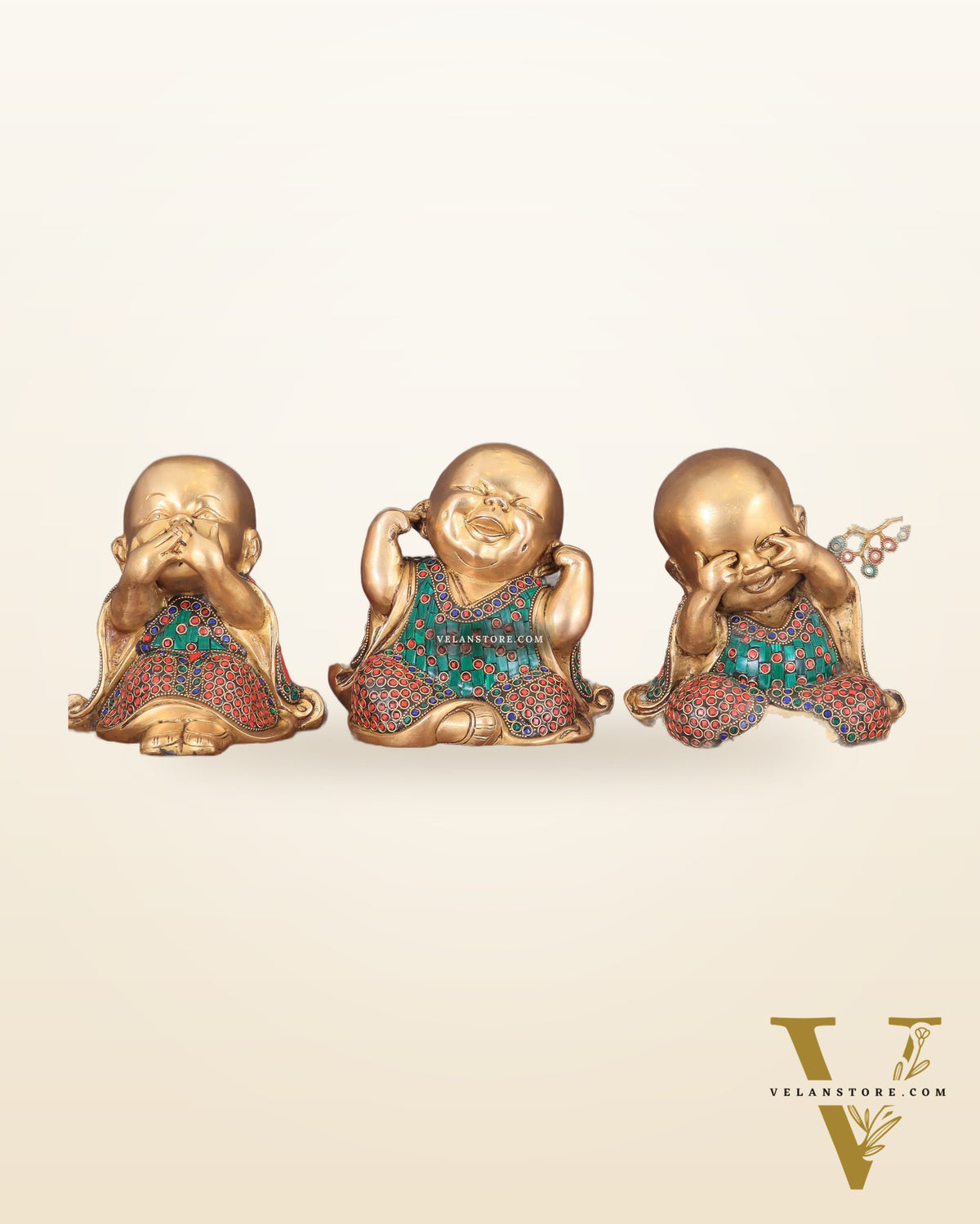 Pure Brass Large Happy Baby Monks Statues Set | 7.5-inch with stonework