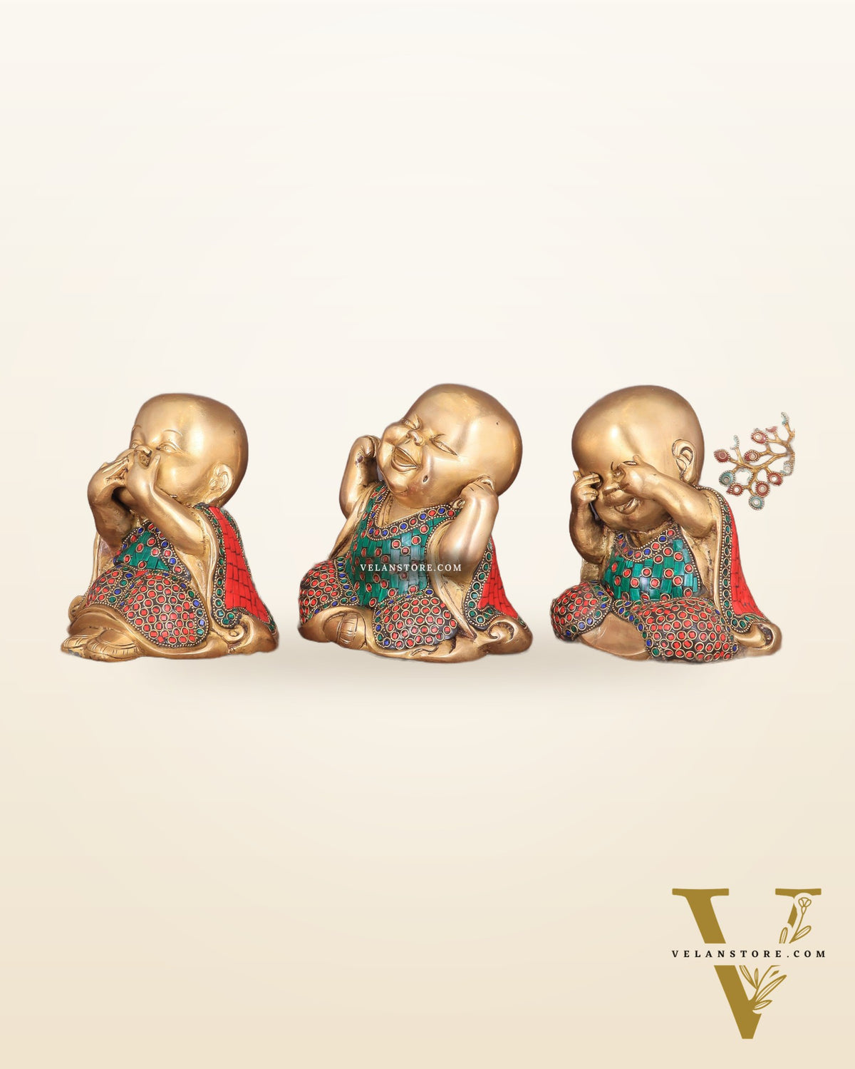 Pure Brass Large Happy Baby Monks Statues Set | 7.5-inch with stonework