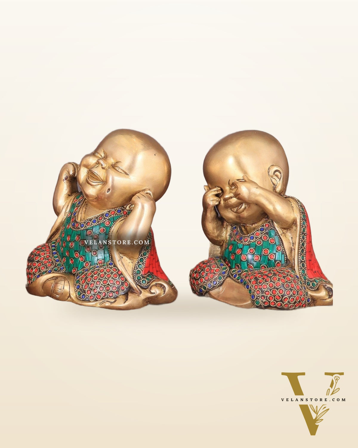 Pure Brass Large Happy Baby Monks Statues Set | 7.5-inch with stonework