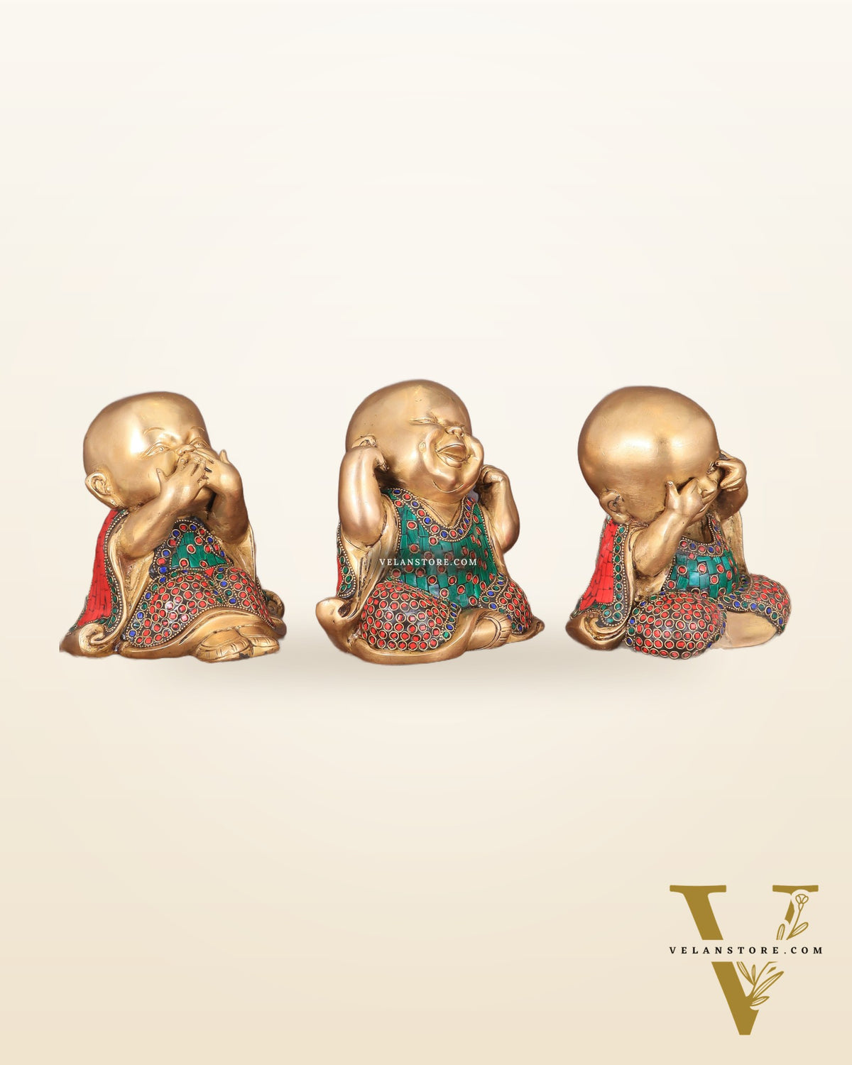 Pure Brass Large Happy Baby Monks Statues Set | 7.5-inch with stonework
