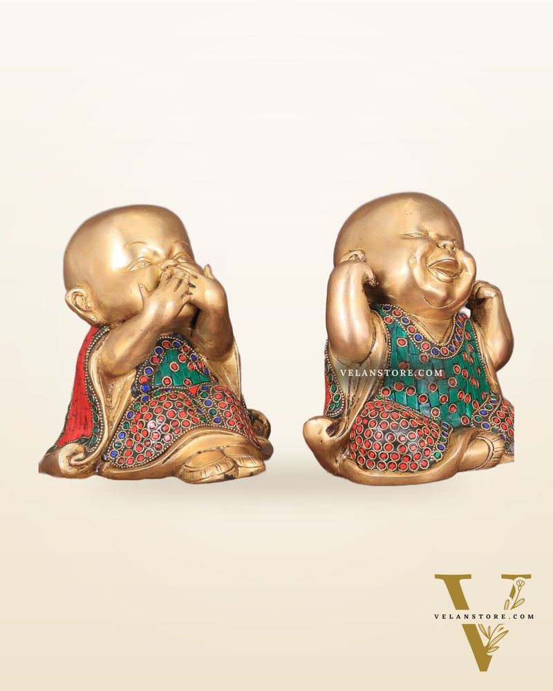 Pure Brass Large Happy Baby Monks Statues Set | 7.5-inch with stonework