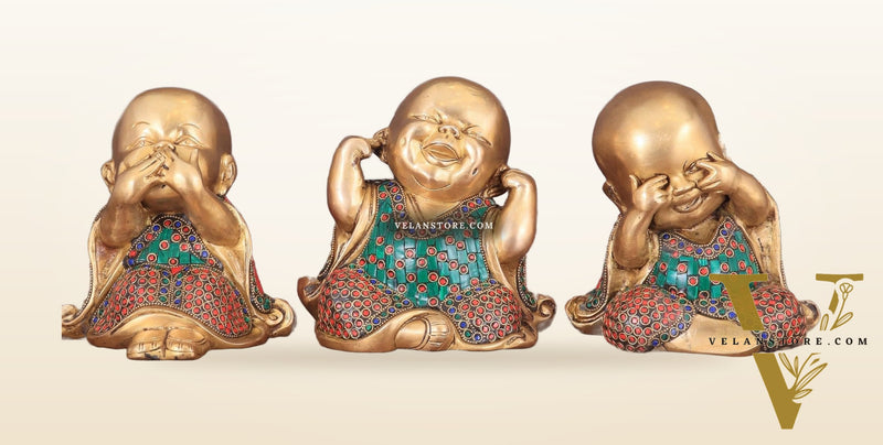 Pure Brass Large Happy Baby Monks Statues Set | 7.5-inch with stonework