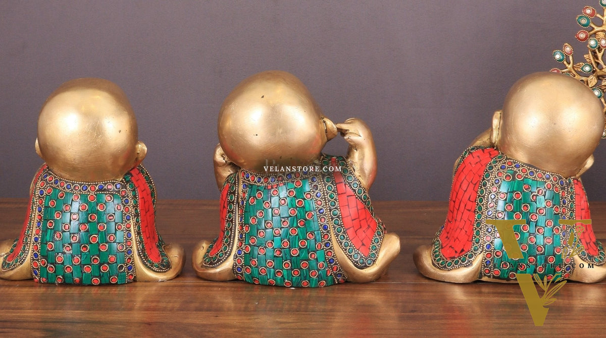 Pure Brass Large Happy Baby Monks Statues Set | 7.5-inch with stonework