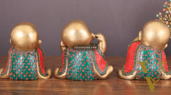 Pure Brass Large Happy Baby Monks Statues Set | 7.5-inch with stonework
