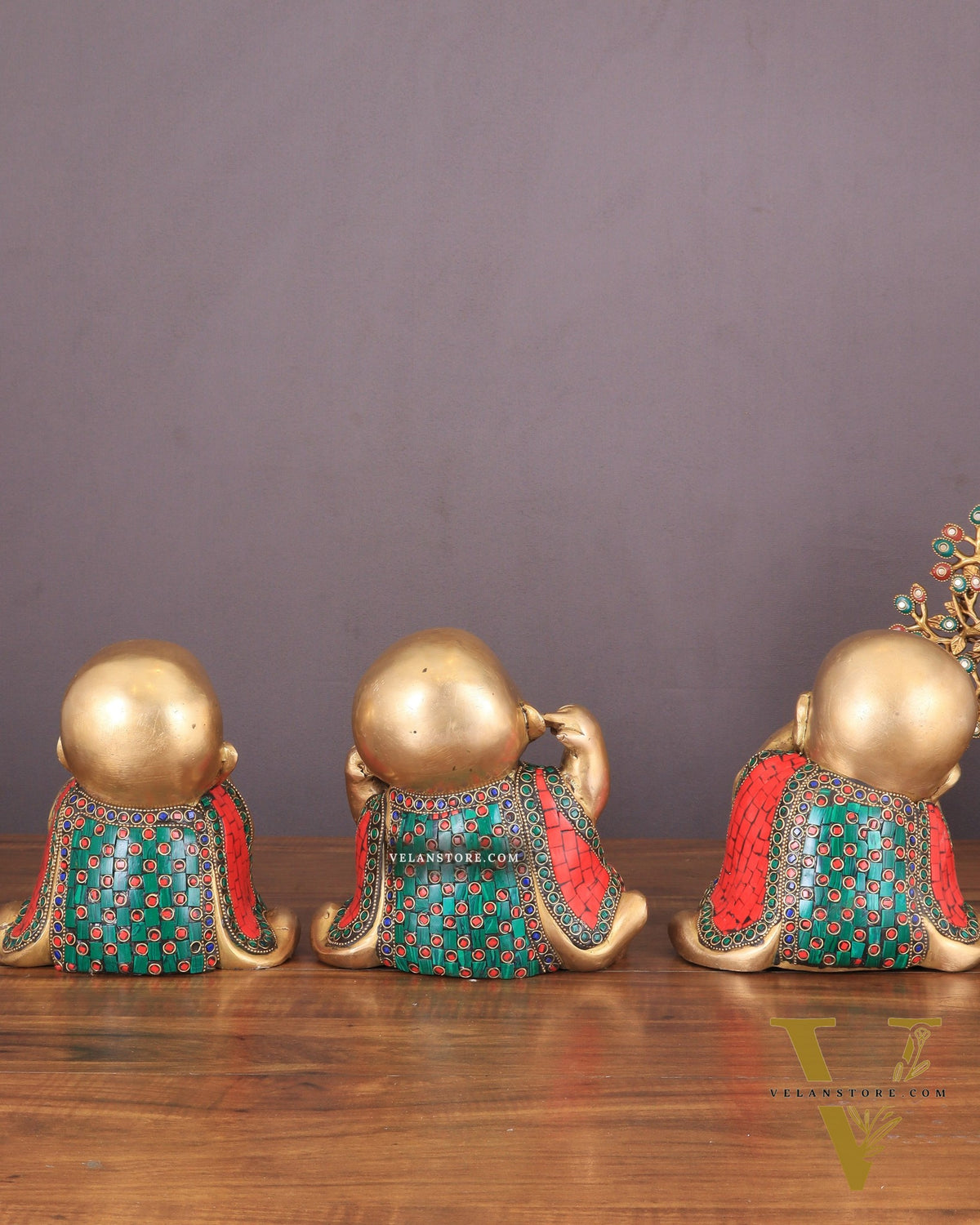 Pure Brass Large Happy Baby Monks Statues Set | 7.5-inch with stonework
