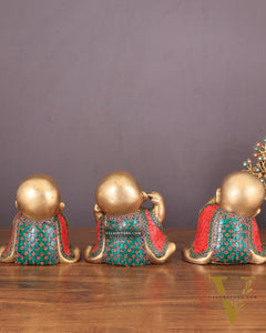 Pure Brass Large Happy Baby Monks Statues Set | 7.5-inch with stonework