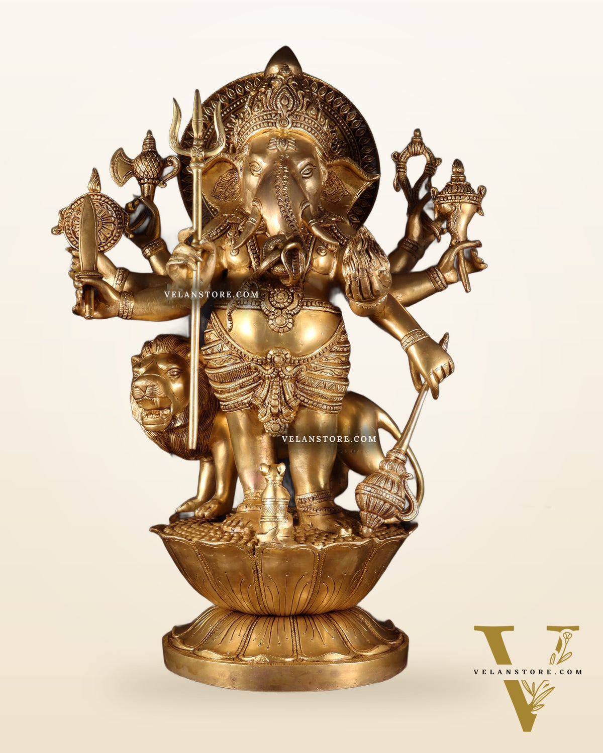 Pure Brass Large Kana Drishti Ganesha Standing with Lion Statue 24 inch