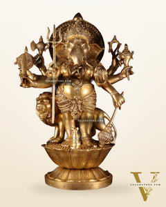 Pure Brass Large Kana Drishti Ganesha Standing with Lion Statue 24 inch