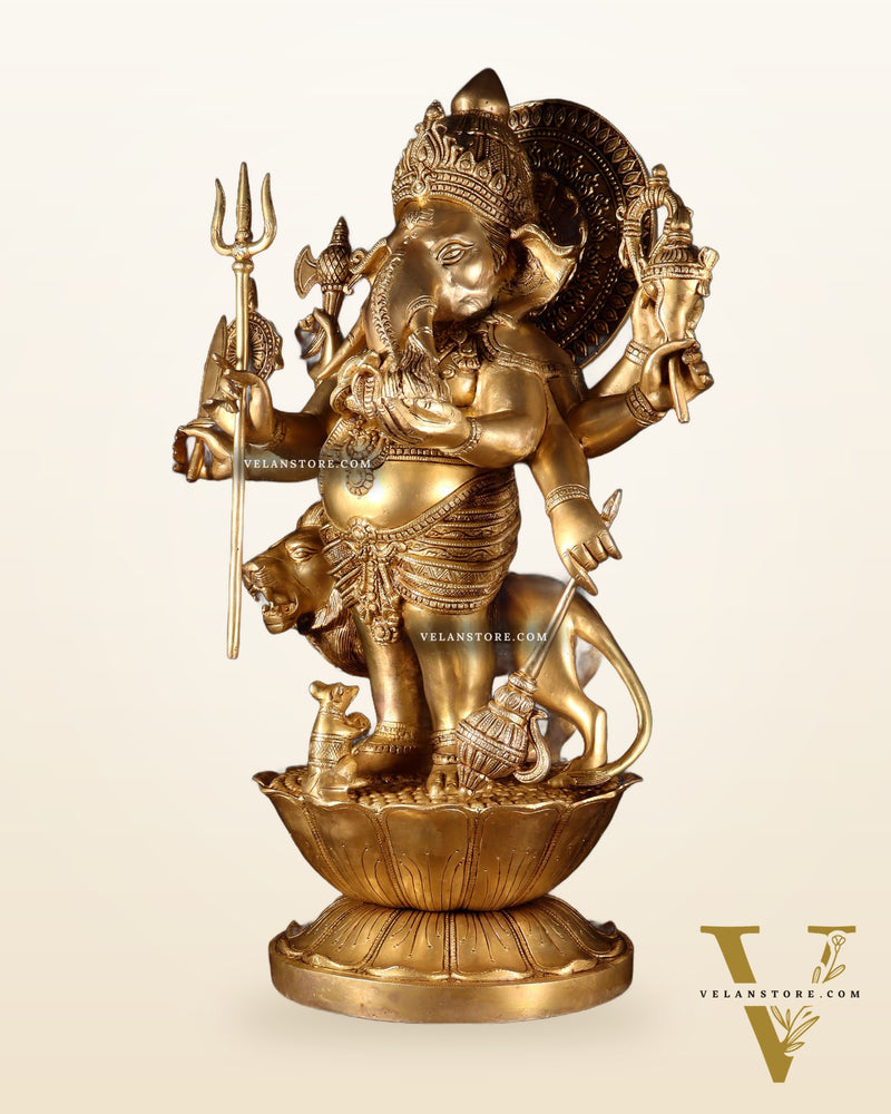 Pure Brass Large Kana Drishti Ganesha Standing with Lion Statue 24 inch