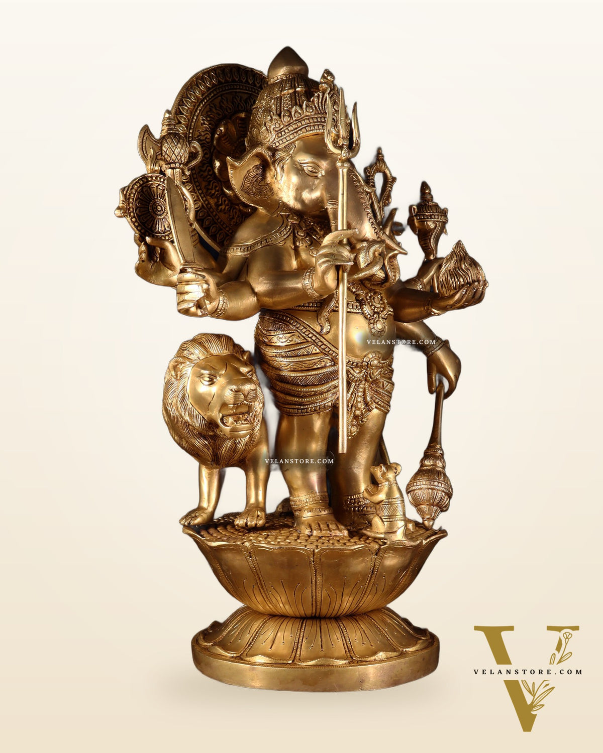 Pure Brass Large Kana Drishti Ganesha Standing with Lion Statue 24 inch