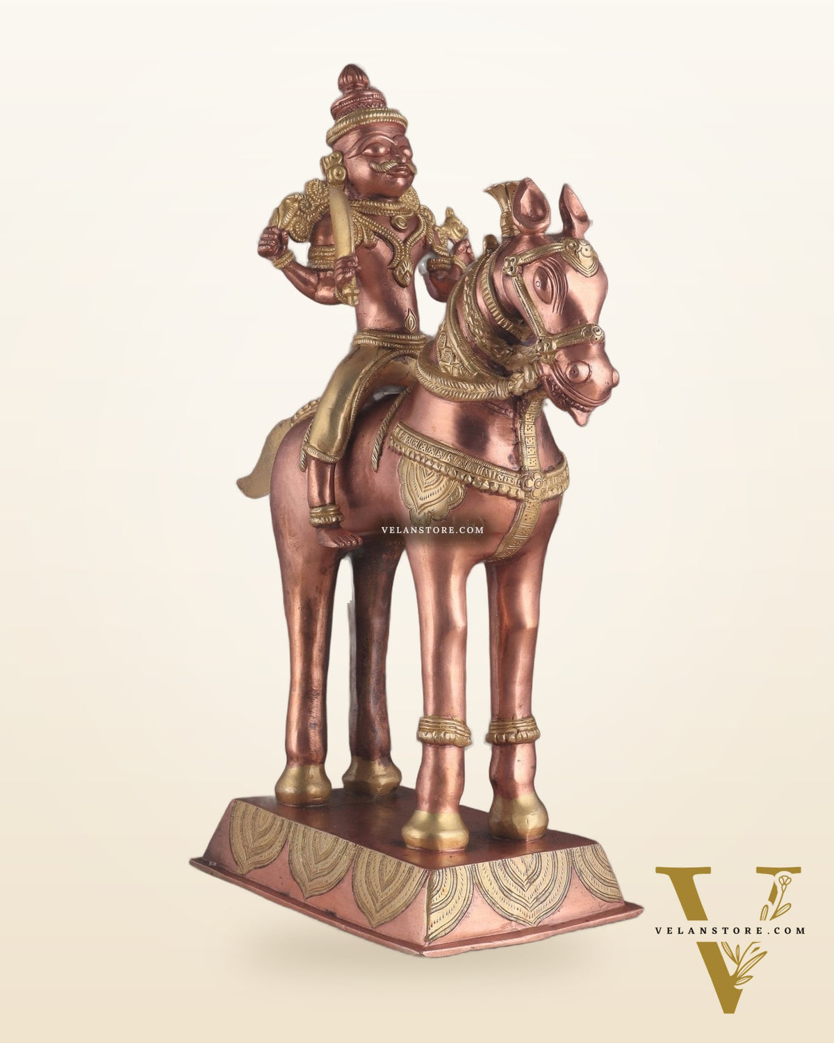 Pure Brass Large Khandoba Bhairava – Shiva on Horse Statue (South Copper Tone) 21" tall