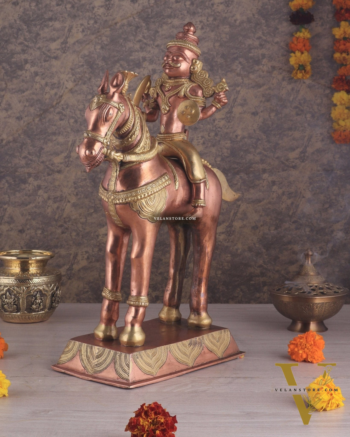 Pure Brass Large Khandoba Bhairava – Shiva on Horse Statue (South Copper Tone) 21" tall