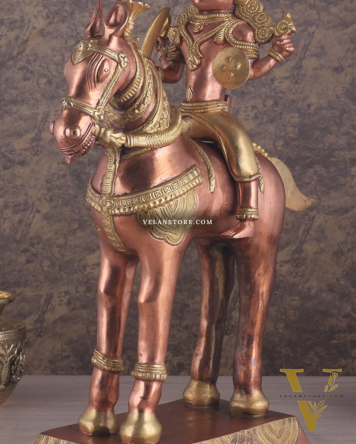 Pure Brass Large Khandoba Bhairava – Shiva on Horse Statue (South Copper Tone) 21" tall