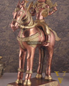 Pure Brass Large Khandoba Bhairava – Shiva on Horse Statue (South Copper Tone) 21" tall