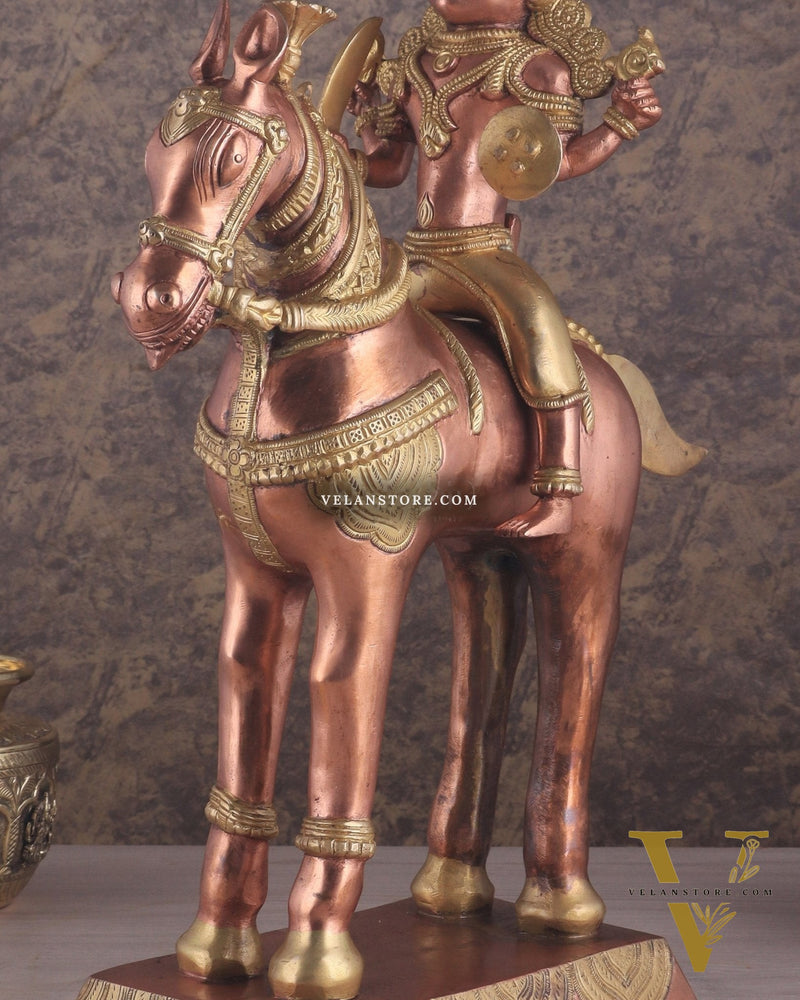Pure Brass Large Khandoba Bhairava – Shiva on Horse Statue (South Copper Tone) 21" tall