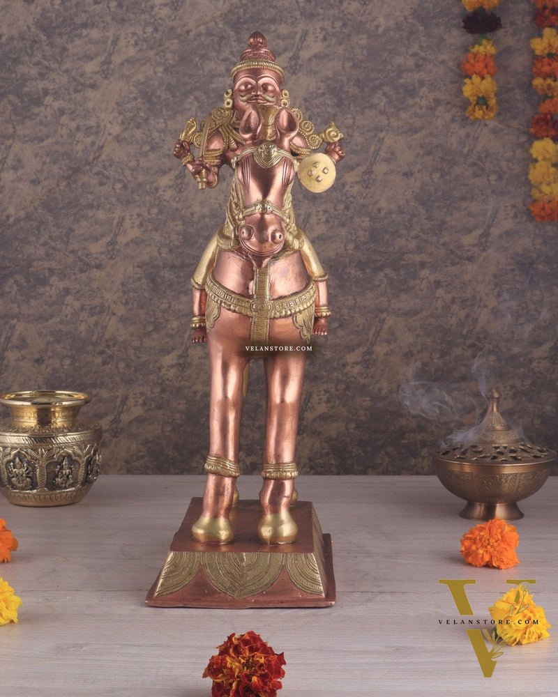 Pure Brass Large Khandoba Bhairava – Shiva on Horse Statue (South Copper Tone) 21" tall