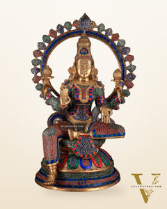 Pure Brass Large Lakshmi Devi Statue with Meenakari Stonework – 27" Tall,