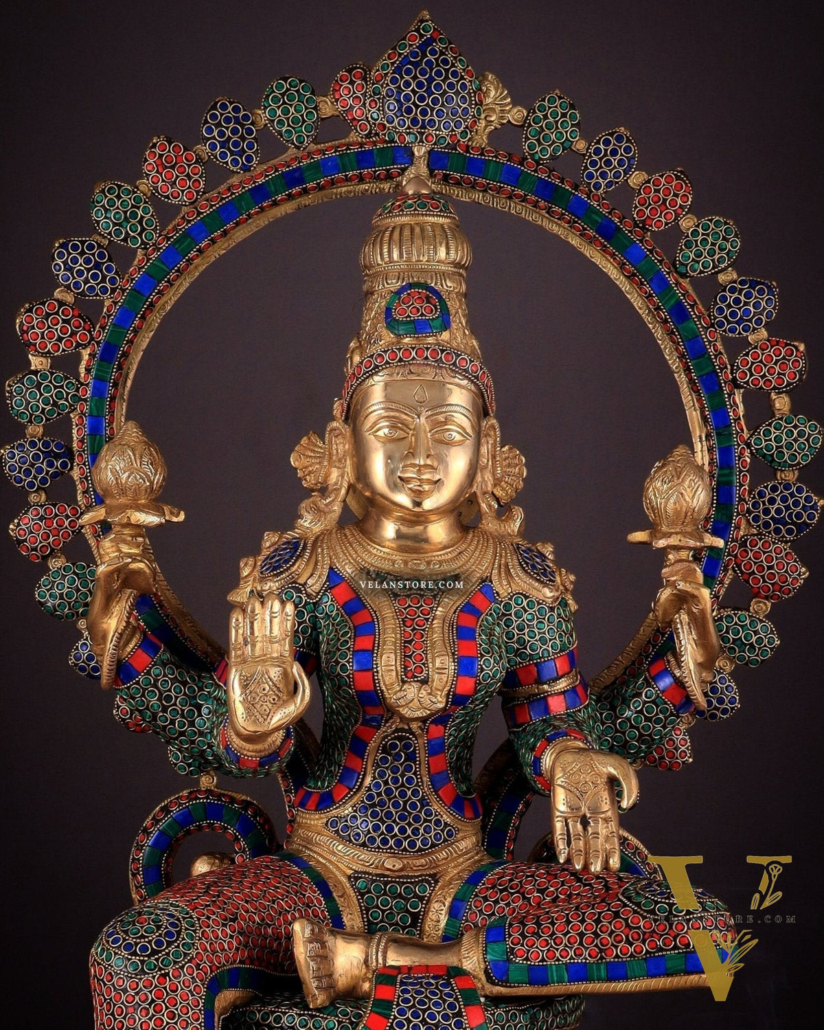 Pure Brass Large Lakshmi Devi Statue with Meenakari Stonework – 27" Tall,