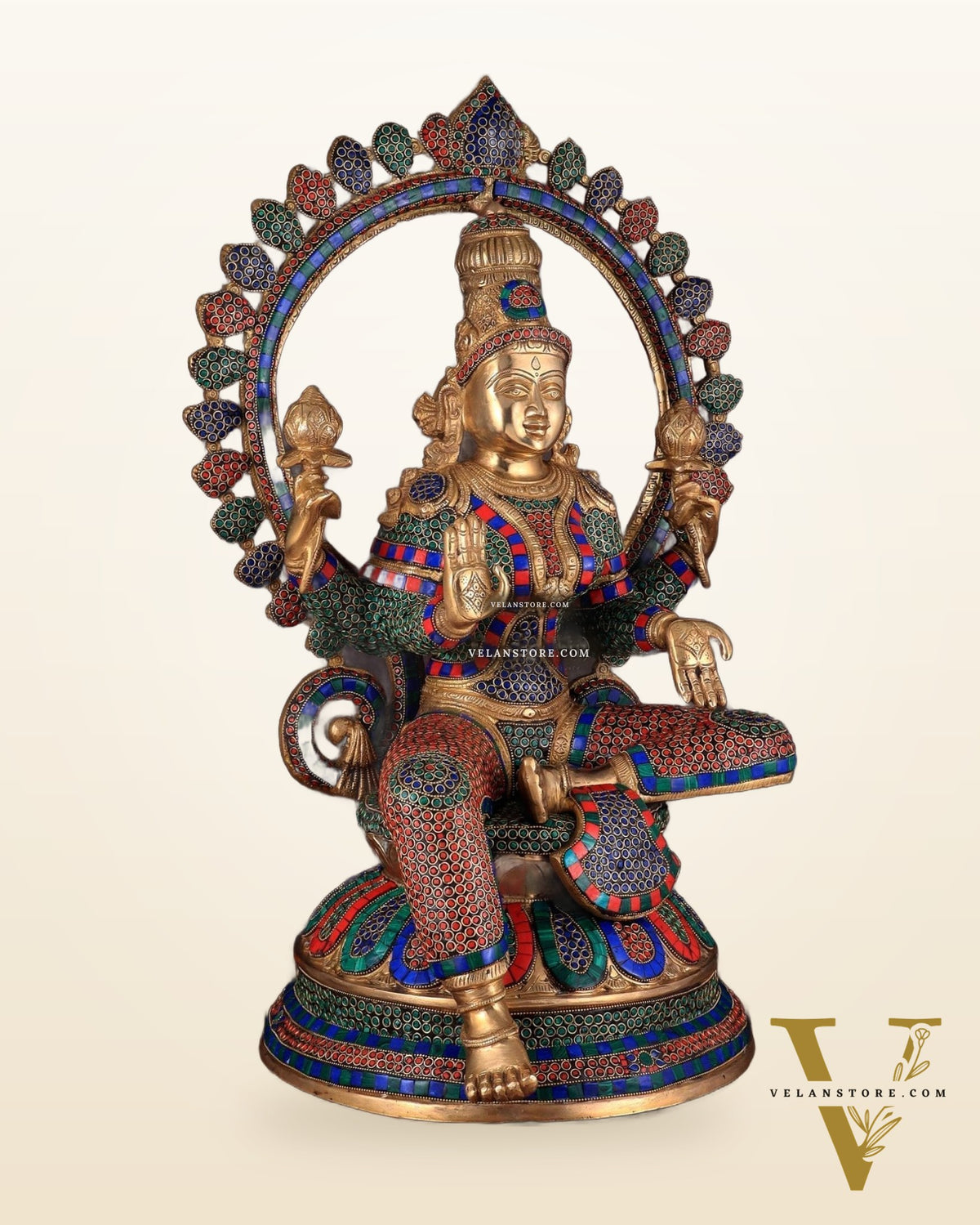 Pure Brass Large Lakshmi Devi Statue with Meenakari Stonework – 27" Tall,