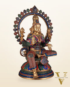 Pure Brass Large Lakshmi Devi Statue with Meenakari Stonework – 27" Tall,