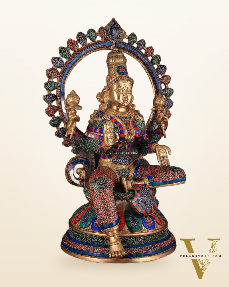 Pure Brass Large Lakshmi Devi Statue with Meenakari Stonework – 27" Tall,