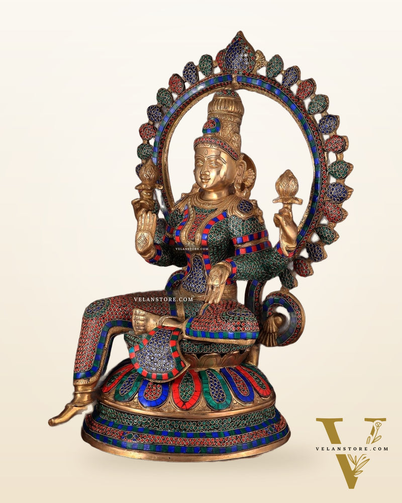 Pure Brass Large Lakshmi Devi Statue with Meenakari Stonework – 27" Tall,