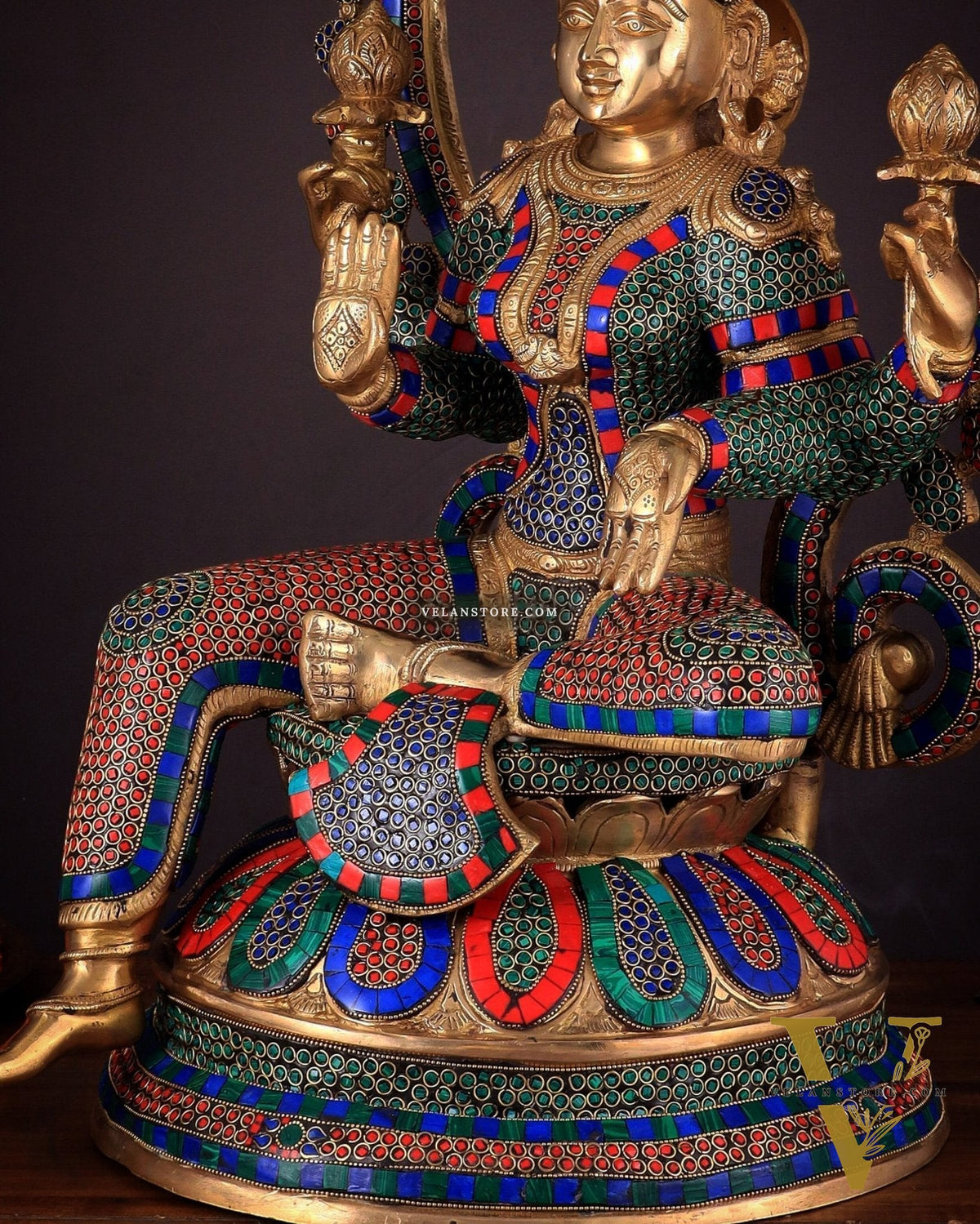 Pure Brass Large Lakshmi Devi Statue with Meenakari Stonework – 27" Tall,
