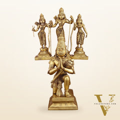 Pure Brass Large Lord Hanuman Carrying Rama, Lakshman, and Sita | Unique Ram Darbar Idol 18 inch
