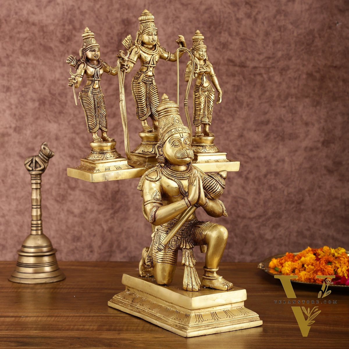 Pure Brass Large Lord Hanuman Carrying Rama, Lakshman, and Sita | Unique Ram Darbar Idol 18 inch