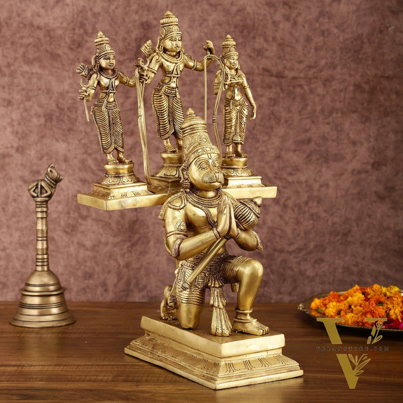 Pure Brass Large Lord Hanuman Carrying Rama, Lakshman, and Sita | Unique Ram Darbar Idol 18 inch
