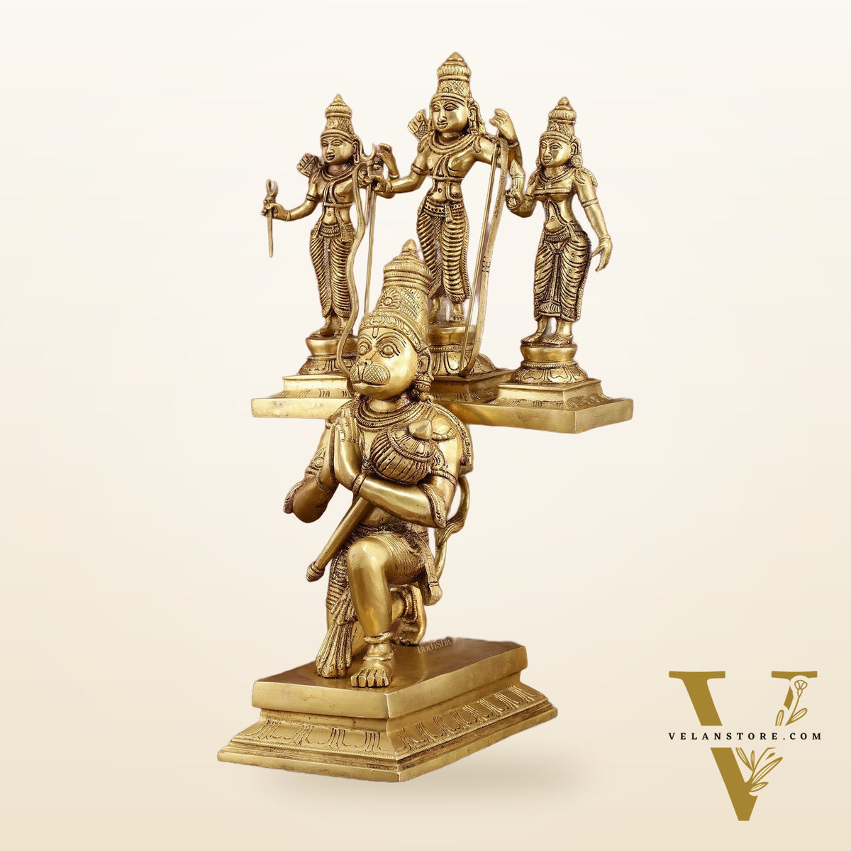 Pure Brass Large Lord Hanuman Carrying Rama, Lakshman, and Sita | Unique Ram Darbar Idol 18 inch