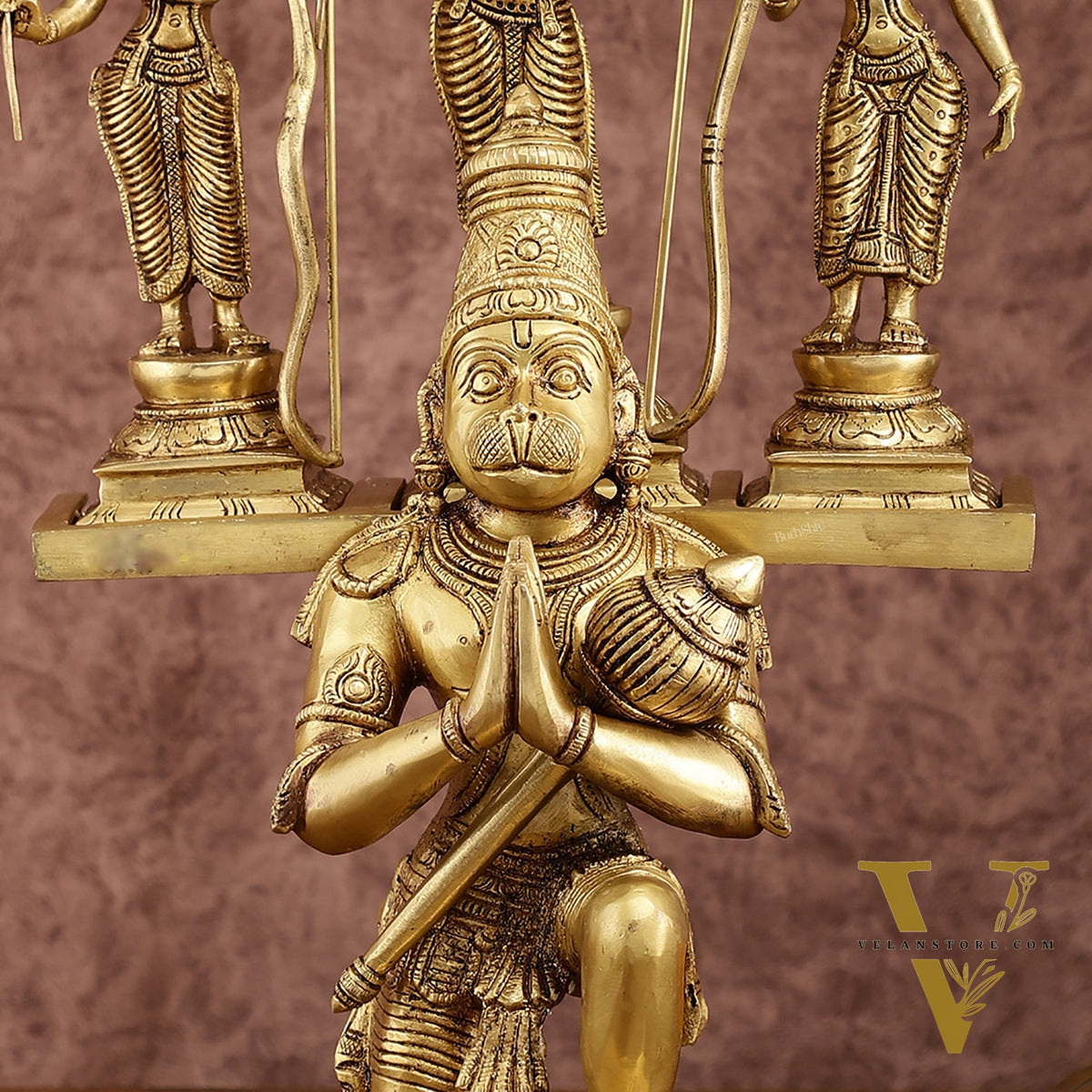Pure Brass Large Lord Hanuman Carrying Rama, Lakshman, and Sita | Unique Ram Darbar Idol 18 inch