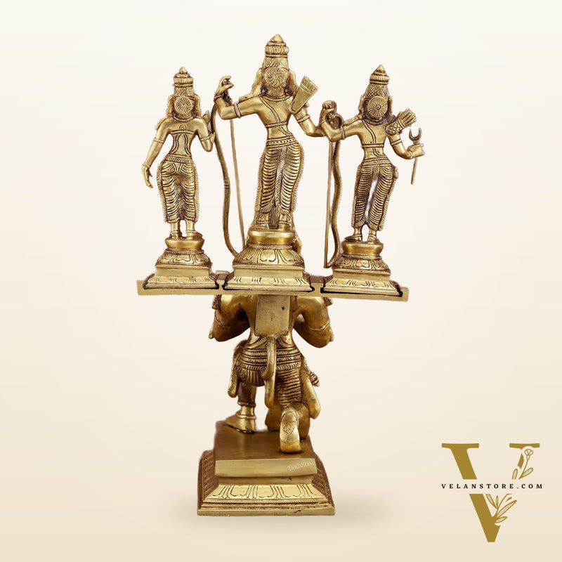 Pure Brass Large Lord Hanuman Carrying Rama, Lakshman, and Sita | Unique Ram Darbar Idol 18 inch