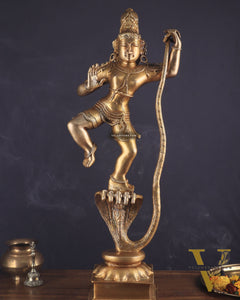 Pure Brass Large Lord Krishna Dancing on Kaliya Naag (Kalinga Narthana Krishna) Sculpture 29"