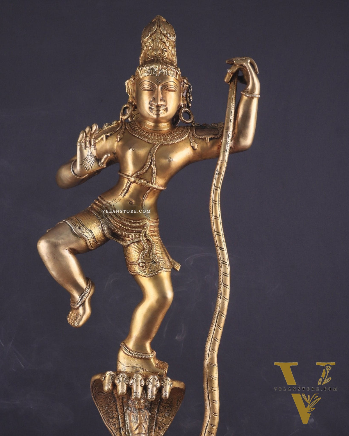Pure Brass Large Lord Krishna Dancing on Kaliya Naag (Kalinga Narthana Krishna) Sculpture 29"