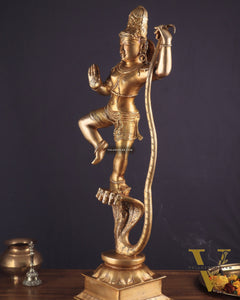 Pure Brass Large Lord Krishna Dancing on Kaliya Naag (Kalinga Narthana Krishna) Sculpture 29"