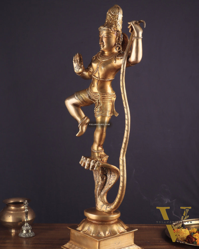 Pure Brass Large Lord Krishna Dancing on Kaliya Naag (Kalinga Narthana Krishna) Sculpture 29"