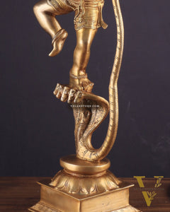 Pure Brass Large Lord Krishna Dancing on Kaliya Naag (Kalinga Narthana Krishna) Sculpture 29"