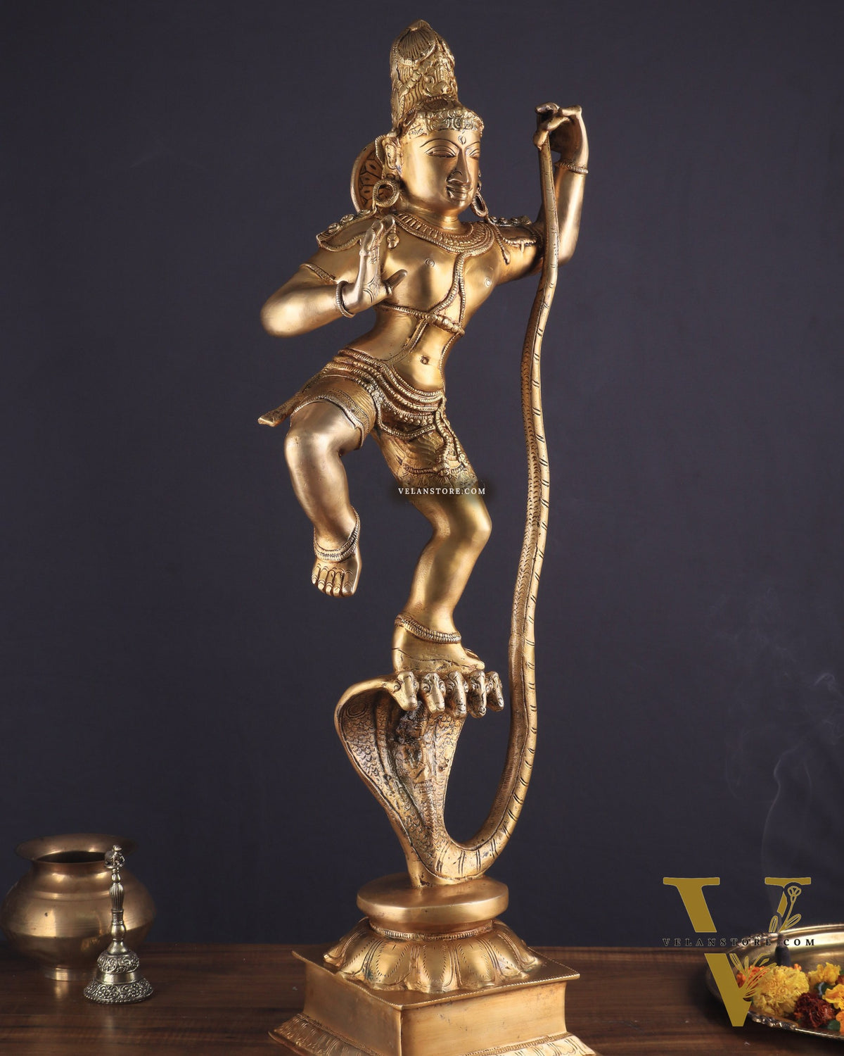 Pure Brass Large Lord Krishna Dancing on Kaliya Naag (Kalinga Narthana Krishna) Sculpture 29"